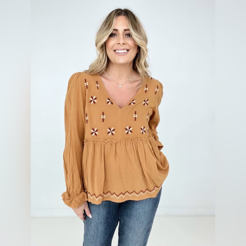 Heyson Top Women’s V Neck Embroidered Babydoll‎ Blouse Southwestern NEW $35